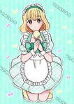  :o bad_id bad_pixiv_id blonde_hair bow brown_eyes dress food full_body holding ice_cream ice_cream_cone kneeling maid maid_headdress motozaki_mio original plaid plaid_dress solo striped striped_background wrist_cuffs 