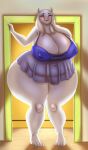 anthro big_breasts blush bovid breasts caprine clothing doorway fangs goat hi_res horn long_ears mammal nightgown solo teeth thick_thighs toriel undertale_(series) white_body wide_hips