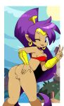 2020 absurd_res anus bandeau blep blue_eyes bottomless bracelet breasts butt butt_grab butt_squish choker circlet cleavage clothed clothing day detailed_background digital_media_(artwork) female genie genitals gesture glistening glistening_body glistening_skin gold_(metal) gold_bracelet gold_ear_ring gold_jewelry hair hand_gesture hand_on_butt hi_res humanoid humanoid_pointy_ears innie_vulva jewelry long_hair looking_at_viewer looking_back looking_back_at_viewer medium_breasts necklace nipple_outline one_eye_closed outside palm_tree plant pointy_ears ponytail portrait presenting presenting_anus presenting_hindquarters purple_hair seductive shantae shantae_(series) sky smile smiling_at_viewer solo spread_butt spreading squish standing style_emulation tan_body tan_skin tenshigarden thick_thighs three-quarter_portrait tongue tongue_out topwear tree v_sign vulva water wayforward wink winking_at_viewer