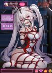  1girl arms_behind_back ball_gag bare_shoulders bdsm bondage bound bound_arms bound_legs breast_bondage breasts chinese_text collarbone covered_navel drooling full_body gag gag_harness gagged grey_hair highres honkai:_star_rail honkai_(series) long_hair looking_at_viewer one-piece_swimsuit purple_eyes red_rope restrained revision rope shibari shibari_over_clothes simplified_chinese_text sitting skindentation small_breasts solo sparkle_(honkai:_star_rail) sparxie_(honkai:_star_rail) stomach swimsuit thighhighs thighs translation_request twintails very_long_hair white_thighhighs wiffle_gag yiduan_zhu 