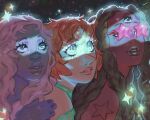 3girls amethyst_(steven_universe) asieybarbie box_braids colored_skin dark-skinned_female dark_skin eyelashes garnet_(steven_universe) gem_(steven_universe) highres lipstick makeup multiple_girls nose parted_lips pearl_(steven_universe) pointy_nose purple_skin sparkle star-shaped_eyewear star_(symbol) steven_universe sticker sticker_on_face sunglasses thick_lips third_eye upper_body 