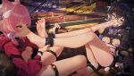  2girls absurdres animal_ear_fluff animal_ears bandaid bandaids_on_nipples bare_legs barefoot bell black_hair black_hoodie breasts cat_ears character_request highres holding holding_another's_foot holding_leash hood hoodie icecake indie_virtual_youtuber indoors leash long_hair medium_breasts medium_hair multicolored_hair multiple_girls neck_bell pasties pink_hair red_hoodie sakurada_hane second-party_source sitting streaked_hair toe_sucking virtual_youtuber yuri 