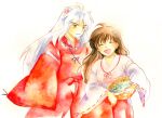  1boy 1girl ^_^ ahoge animal_ears basket bead_necklace beads brown_hair closed_eyes closed_mouth commentary_request dog_boy dog_ears higurashi_kagome holding holding_basket inuyasha inuyasha_(character) japanese_clothes jewelry long_hair miko necklace open_mouth orange_eyes slit_pupils smile white_hair wide_sleeves zunko 