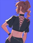  1girl ahoge arm_at_side back blue_background bracelet brown_hair character_request earrings gem hand_on_own_hip idolmaster idolmaster_million_live! jewelry kanatsuki long_hair looking_at_viewer looking_back nape ponytail purple_eyes red_gem short_sleeves simple_background single_earring 