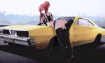  1girl arm_tattoo ass back bent_over black_boots black_bra black_gloves black_sports_bra black_thighhighs blue_shorts boots bra breasts car dragon_tattoo elly_(1st_costume)_(vtuber) elly_(vtuber) gloves green_eyes hair_bun highres indie_virtual_youtuber motor_vehicle mountainous_horizon red_hair shorts solo sports_bra standing standing_on_one_leg tattoo therrao thighhighs thighs underwear virtual_youtuber yellow_car 