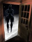 big_breasts black_body breasts door doorway featureless_breasts featureless_crotch featureless_feet featureless_hands feet female front_view hi_res humanoid looking_at_viewer night sai0nhik4ri shadow_creature shadow_humanoid snow solo white_eyes