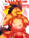 5_fingers absurd_res anthro apron areola big_breasts blue_body blue_fur blush blush_lines border breasts clothed clothing dialogue fangs felipotyphlosion female fingers fire flaming_hair flaming_mane fluffy fur generation_2_pokemon hand_on_chest hi_res holidays huge_breasts mammal mother's_day mother_(lore) neck_tuft nintendo nipples open_mouth open_smile overweight overweight_anthro overweight_female parent_(lore) partially_clothed pink_areola pink_background pink_nipples pokemon pokemon_(species) pokemorph pseudo_hair pseudo_mane red_eyes simple_background smile solo speech_bubble tan_body tan_fur teeth text thick_thighs tuft typhlosion white_background white_border wide_hips