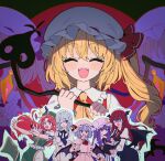  6+girls apron ascot bat_wings beret between_fingers black_bow black_bowtie black_skirt black_vest blonde_hair blue_dress blue_hair blush book bow bowtie braid closed_eyes collared_shirt commentary_request crescent crescent_hat_ornament crystal crystal_wings demon_wings dress facing_viewer flandre_scarlet green_bow green_hat green_skirt green_vest grey_hair hair_bow hat hat_ornament head_wings holding holding_book holding_knife holding_weapon hong_meiling izayoi_sakuya knife knifed knives_between_fingers koakuma laevatein_(touhou) long_hair long_sleeves maid maid_headdress mob_cap multiple_girls necktie one_eye_closed one_side_up open_mouth pants pants_under_skirt patchouli_knowledge pinafore_dress pink_hat pink_shirt pink_skirt puffy_short_sleeves puffy_sleeves purple_eyes purple_hair red_eyes red_hair red_necktie red_vest remilia_scarlet shaded_face shirt shnva short_sleeves siblings sisters skirt skirt_set sleeveless sleeveless_dress smile solo_focus star_(symbol) star_hat_ornament striped_clothes striped_dress touhou trembling twin_braids vertical-striped_clothes vertical-striped_dress very_long_hair vest waist_apron weapon white_apron white_hat white_pants white_shirt wings yellow_ascot 
