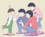  bent_over black_hair bowl_cut brothers brown_hair buck_teeth flag grey_background hatabou head_flag height_difference hood hoodie japanese_flag kabu_(bekka) male_focus matsuno_karamatsu matsuno_osomatsu matsuno_todomatsu multiple_boys osomatsu-kun osomatsu-san overalls siblings simple_background sleeves_rolled_up smile squatting v waving whisker_markings 