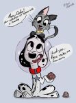 101_dalmatian_street 101_dalmatians black_body black_fur black_nose black_spots bubble_helmet canid canine canis collar collar_tag dalmatian dauddalmata deidra_(cartooncross) disney domestic_cat domestic_dog duo dylan_(101_dalmatians) felid feline felis female feral fur grey_body grey_fur heterochromatic_ears hi_res holding_rock male mammal pink_inner_ear red_collar spots star_collar_tag white_body white_fur