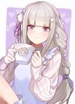  1girl braid crown_braid elf emilia_(re:zero) flower hair_flower hair_ornament hair_ribbon highres natsuki_subaru pointy_ears purple_eyes purple_ribbon re:zero_kara_hajimeru_isekai_seikatsu ribbon rose ura_1202 white_flower white_rose x_hair_ornament 