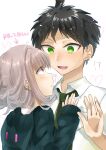  !? 1boy 1girl :d @_@ absurdres ahoge arrow_(symbol) black_hair blunt_bangs blush brown_hair closed_mouth collared_shirt commentary_request danganronpa_(series) danganronpa_2:_goodbye_despair downturned_eyes dress_shirt embarrassed eyes_visible_through_hair face-to-face green_eyes green_jacket green_necktie hair_between_eyes hand_on_another's_cheek hand_on_another's_face hand_up heart height_difference highres hinata_hajime hood hood_down hooded_jacket jacket looking_at_another medium_hair nanami_chiaki necktie nose_blush open_hand open_mouth pink_eyes profile shirt short_hair sleeves_past_wrists smile solo_focus surprised sweatdrop teeth translated tsurime upper_body v-shaped_eyebrows white_shirt zuzuhashi 