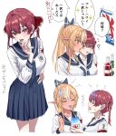 2girls alternate_costume blonde_hair blue_bow blue_neckerchief blue_sailor_collar blue_skirt blue_tongue bow brain_freeze breasts closed_eyes collarbone colored_tongue cup dark-skinned_female dark_elf dark_skin disposable_cup disposable_ice_cream_cup elf food hair_bow heterochromia holding holding_spoon hololive houshou_marine kooribata large_breasts long_hair long_sleeves multicolored_hair multiple_girls multiple_views neckerchief no_eyepatch orange_eyes pleated_skirt pointy_ears ponytail red_eyes red_hair sailor_collar school_uniform serafuku shaved_ice shino_12a shiranui_flare shirt shirt_tucked_in skirt speech_bubble spoon streaked_hair translation_request twintails white_shirt white_streaks 