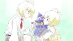 absurd_res anthro bandai_namco black_body black_fur blonde_hair blue_eyes blush chiropmon cloak clothing cowl digimon digimon_(species) digimon_beatbreak duo fur group hair hi_res human kneeling makoto_kuonji male mammal official_art smile trio tsukasa_kuonji wings
