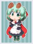  1girl alternate_costume antennae apron black_dress blush border bow bowtie cape dress frilled_bow frills full_body green_bow green_bowtie green_eyes green_hair green_shoes hair_bow highres maid maid_apron matty_(zuwzi) open_mouth red_bow red_bowtie red_cape shoes short_hair smile solo striped_background touhou white_apron white_border wriggle_nightbug 