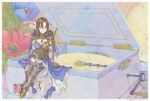 1girl armored_boots black_hair blue_flower boots breasts cleavage closed_mouth fire_emblem fire_emblem_engage flower full_body fur_trim hair_between_eyes hair_over_eyes jewelry large_breasts looking_at_viewer necklace nel_(fire_emblem) red_eyes red_flower revision sitting solo thighs toki_(xxxxxmoe1983oct) 