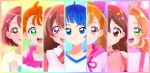 6+girls ahoge akechi_anna artist_name beret blue_eyes blue_hair blue_shirt bob_cut bow brown_eyes brown_hair casual closed_mouth clothing_cutout collared_dress colorful_background commentary cut_bangs delicious_party_precure double_bun dress eighth_note flower frilled_shirt frills green_eyes hair_bow hair_bun hair_flower hair_intakes hair_ornament hair_pulled_back hair_ribbon hairband hairclip hanadera_nodoka hat healin'_good_precure hirogaru_sky!_precure hood hood_down hooded_dress inukai_komugi jewelry kimi_to_idol_precure kyanos_(b_0000ff) long_hair looking_at_viewer low_twintails medium_hair meitantei_precure! multiple_girls musical_note musical_note_hair_ornament nagomi_yui natsuumi_manatsu necklace off-shoulder_shirt off_shoulder open_mouth orange_hair pink_bow pink_dress pink_hairband pink_shirt pink_sweater_vest precure purple_eyes purple_hat red_eyes red_ribbon red_shirt ribbon sakura_uta_(precure) shell shell_necklace shirt short_hair shoulder_cutout signature single_sidelock smile sora_harewataru split_ponytail sweater_vest t-shirt tropical-rouge!_precure twintails two-tone_shirt two_side_up white_shirt wonderful_precure! 