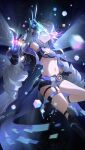 1girl a_maple abstract_background absurdres bare_shoulders black_background black_boots black_jacket black_shorts boots breasts commentary_request crop_top drill_hair fingerless_gloves fishnets foot_out_of_frame gauntlets gem gloves glowing_gem grey_eyes grey_hair hand_up highres honkai:_star_rail honkai_(series) jacket long_hair looking_at_viewer mask mechanical_wings navel off_shoulder parted_lips shorts silver_wolf_(honkai:_star_rail) silver_wolf_(lv.999)_(honkai:_star_rail) single_fingerless_glove single_gauntlet small_breasts smile solo supplicant_mask thigh_strap very_long_hair wings 