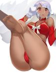  1girl altera_(fate) altera_the_santa ass bangs bare_shoulders bikini blush breasts choker collarbone dark_skin detached_sleeves earmuffs fate/grand_order fate_(series) feet gaoyang_ou_nisang highres hips looking_at_viewer medium_breasts mittens open_mouth red_bikini red_eyes short_hair simple_background soles solo swimsuit thighs toes veil white_background white_hair 