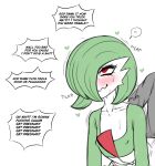 arched_back black_text blush bodily_fluids clothing collarbone dialogue duo ellipsis english_text from_behind_position gardevoir generation_3_pokemon green_hair grey_clothing grey_shirt grey_topwear hair hair_over_eye hi_res humanoid humanoid_focus nintendo pokemon pokemon_(species) profanity red_eyes sex shirt solo_focus speech_bubble sweat text topwear truelordpotato white_body