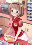  7-eleven blush brand_name_imitation brown_eyes brown_hair commentary_request convenience_store counter employee_uniform food givuchoko hair_ornament hairband highres md5_mismatch microwave moe2016 obentou onigiri open_mouth original pasta purple_hairband shirt shop short_hair skirt solo tears uniform wavy_mouth 