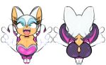 anthro areola areola_slip armwear bat bat_wings big_breasts big_butt big_ears black_nose blue_eyeshadow bodysuit boots breasts butt cleavage clothed clothing cosmicpussycat elbow_gloves eyelashes eyeshadow female footwear front_view fur gesture gloves green_eyes hand_gesture handwear knee_boots knee_highs legwear makeup mammal membrane_(anatomy) membranous_wings open_mouth open_smile purple_bodysuit purple_clothing purple_skinsuit purple_wings rear_view rouge_the_bat sega shoes simple_background skinsuit smile solo sonic_the_hedgehog_(series) tan_body tan_fur thick_thighs tight_clothing v_sign white_background white_body white_boots white_clothing white_footwear white_fur white_gloves white_handwear wide_hips wings