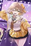  1girl ;d absurdres anis_(nikke) anis_(star)_(t.t._star)_(nikke) arm_up bead_bracelet beads blush bow bracelet breasts brown_hair character_name commentary_request cowboy_shot cropped_shirt dutch_angle eb_030 glowstick goddess_of_victory:_nikke hair_between_eyes hair_bow headset highres idol jacket jewelry large_breasts looking_at_viewer medium_hair midriff miniskirt multiple_bracelets nail_art navel necktie off_shoulder official_alternate_costume one_eye_closed open_clothes open_jacket penlight_(glowstick) plaid_clothes plaid_necktie shirt skirt smile solo stage stage_lights standing star_(symbol) star_print v v_over_eye white_shirt yellow_eyes yellow_jacket 