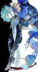  1boy aqua_hair black_background black_boots black_gloves black_jacket black_pants blue_eyes blue_jacket boots ezu_(e104mjd) full_body genshin_impact gloves highres jacket lohen_(genshin_impact) long_sleeves looking_at_viewer male_focus multicolored_eyes multicolored_jacket pants red_eyes solo two-tone_background white_background 