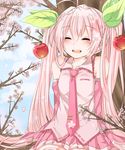  blush cherry cherry_blossoms closed_eyes food fruit hatsune_miku highres long_hair necktie pink_hair raurau0507 sakura_miku skirt smile solo very_long_hair vocaloid 