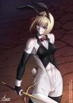  1girl abs adsouto animal_ear_hairband animal_ears black_gloves black_thighhighs blonde_hair blue_eyes bow bowtie breasts bridal_gauntlets clare_(claymore) claymore_(series) covered_abs covered_navel elbow_gloves fake_animal_ears fake_tail gloves hairband highres holding holding_sword holding_weapon looking_at_viewer medium_breasts nontraditional_playboy_bunny pale_skin rabbit_ears rabbit_tail red_bow red_bowtie short_hair signature solo standing sword tail thighhighs toned toned_female variant_set weapon wind wind_lift 