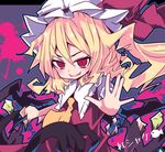  \||/ beni_shake blonde_hair bow fang flandre_scarlet hat hat_bow laevatein mob_cap open_hand open_mouth red_eyes side_ponytail solo touhou wings 