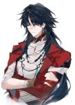  1boy bandaged_chest bead_necklace beads blade_(honkai:_star_rail) blue_hair bracelet commentary_request crossed_arms curtained_hair earrings expressionless honkai:_star_rail honkai_(series) jacket jewelry long_hair male_focus mortenax_blade_(honkai:_star_rail) muya_(77muya) necklace open_clothes open_jacket orange_eyes red_jacket tassel upper_body very_long_hair white_background 