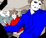 3boys anger_vein animification annoyed antenna_hair black_pants blue_hoodie brown_hair car_interior cigar commentary_request drawstring edd_(eddsworld) eddsworld eko_endure english_text flipped_hair grey_eyes grin hair_behind_ear hair_ears holding holding_cigar hollow_eyes hood hood_down hoodie korean_commentary long_sleeves male_focus multiple_boys pants protected_link red_hoodie short_hair smile source_quote speech_bubble sweat tom_(eddsworld) tord_(eddsworld) wide-eyed 