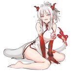  1girl arknights bare_legs bead_bracelet beads bracelet breasts china_dress chinese_clothes dragon_girl dragon_horns dragon_tail dress ear_piercing fire flame-tipped_tail full_body heart highres horns jewelry large_breasts leg_tattoo looking_at_viewer mabing nian_(arknights) nian_(unfettered_freedom)_(arknights) official_alternate_costume open_mouth piercing pink_eyes pointy_ears sidelocks simple_background sitting solo tail tattoo wariza white_background white_dress 