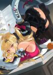  1girl absurdres ahoge ass banana bare_shoulders black_boots black_leotard black_skirt black_thighhighs blonde_hair boots bow braid breast_press breasts cissia_(zenless_zone_zero) commentary_request detached_sleeves ear_piercing eating food frilled_sleeves frills fruit grapes hair_ornament half_up_braid highres hirosenpai holding holding_food indoors large_breasts leotard long_hair looking_at_viewer on_table orange_(fruit) piercing pink_nails red_bow red_eyes red_shirt refrigerator sexually_suggestive shirt side_ponytail sidelocks skirt snake_girl snake_tail solo swept_bangs table tail tail_bow tail_ornament thighhighs top-down_bottom-up virtual_youtuber white_sleeves zenless_zone_zero 