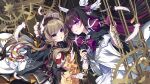  2girls bare_shoulders black_hair blue_eyes breasts brown_hair columbina_(genshin_impact) commentary_request detached_collar detached_sleeves dress eye_mask frilled_sleeves frills frown genshin_impact gloves head_wings headdress highres kozakura_(dictionary) long_hair looking_at_viewer mask medium_breasts multicolored_hair multiple_girls off-shoulder_dress off_shoulder pink_eyes purple_hair ribbon sandrone_(genshin_impact) short_hair_with_long_locks smile upper_body white_dress white_gloves white_ribbon wings 