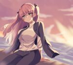  1girl aikawa_megumi aikawa_megumi_(twilight_maturation) black_jacket black_necktie black_suit closed_mouth floating_hair green_eyes hair_tie heaven_burns_red highres jacket long_hair looking_at_viewer necktie open_clothes open_jacket puyopiku shirt sitting suit white_shirt white_suit 