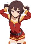  1girl absurdres asymmetrical_legwear bandaged_leg bandages belt_collar black_thighhighs boots brown_hair bunching_hair closed_mouth collar commentary_request dot_nose dress gold_trim highres kneeling knees_out_of_frame kono_subarashii_sekai_ni_shukufuku_wo! long_sleeves looking_at_viewer megumin mismatched_legwear off-shoulder_dress off_shoulder orange_boots red_dress red_eyes ryo4423 short_hair_with_long_locks short_twintails simple_background smile solo split_mouth thighhighs thighs twintails white_background zettai_ryouiki 