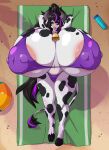 2026 anthro belly big_breasts big_nipples bikini black_eyeliner black_hair blacklight_(character) bovid bovine breasts cattle clothing cowbell dairy_cattle digital_media_(artwork) eyelashes eyeliner female hair hands_behind_head hi_res holstein_friesian_cattle hooves horn huge_breasts huge_nipples hyper hyper_breasts inverted_nipples lying makeup mammal navel nipple_piercing nipples on_back piercing purple_eyes purple_hair solo spiralingstaircase swimwear thick_thighs two-piece_swimsuit wide_hips
