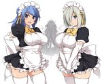  :d :o alternate_costume apron arms_behind_back black_dress black_hair blue_eyes blue_hair blush bow bowtie breasts chestnut_mouth cup dress elbow_gloves enmaided gloves hair_bun hair_ornament hair_over_one_eye hair_ribbon hairclip hamakaze_(kantai_collection) holding isokaze_(kantai_collection) kantai_collection kuronyan large_breasts long_hair looking_at_viewer maid maid_headdress multiple_girls open_mouth puffy_short_sleeves puffy_sleeves ribbon round_teeth shiny shiny_skin short_hair short_sleeves silver_hair simple_background smile standing tareme teacup teapot teeth thighhighs thighs urakaze_(kantai_collection) v_arms very_long_hair white_background white_gloves white_legwear yellow_bow yellow_neckwear yellow_ribbon 