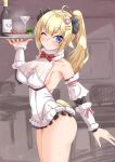  1girl absurdres alternate_costume animal_ears blonde_hair breasts cleavage closed_mouth highres hololive horns large_breasts leotard long_hair looking_at_viewer nyang-kaz one_eye_closed playboy_bunny ponytail purple_eyes sheep_ears sheep_girl sheep_horns sheep_tail smile solo strapless strapless_leotard tail tsunomaki_watame virtual_youtuber white_leotard 