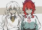  2girls baggy_clothes black_shirt breasts buttons charlotte_wiltshire collared_shirt feathertail0704 frown furrowed_brow grey_eyes hair_between_eyes hand_on_own_hip hello_charlotte high_ponytail highres long_hair medium_breasts messy_hair multiple_girls neck_ribbon no_pupils overlapped_images ponytail red_ribbon ribbon scarlett_eyler shirt sidelocks simple_background smile striped_background undershirt white_background white_eyes white_hair white_shirt yellow_ribbon 