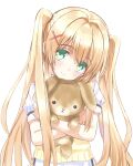  1girl blonde_hair blush closed_mouth cocomame9 commentary_request cowboy_shot crossed_arms eyes_visible_through_hair green_eyes hair_between_eyes hair_intakes hair_ornament hands_up head_tilt highres holding holding_stuffed_toy long_hair looking_at_viewer puffy_short_sleeves puffy_sleeves school_uniform shirt short_sleeves sidelocks simple_background skirt smile solo split_mouth straight_hair stuffed_animal stuffed_rabbit stuffed_toy summer_pockets summer_pockets_school_uniform sweater_vest tareme tsumugi_wenders twintails very_long_hair white_background white_shirt white_skirt x_hair_ornament yellow_sweater_vest 