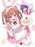  2girls animal_costume animal_ear_hairband animal_ears apron blunt_bangs blush brown_hair brown_shoes cake cake_slice chibi commentary_request dress easter easter_egg egg fake_animal_ears food fork frilled_apron frilled_dress frills full_body hairband highres holding holding_fork holding_plate hoshikuzu_telepath konohoshi_umika long_hair looking_at_viewer ma_tsukasa multiple_girls open_mouth pink_dress plate purple_eyes rabbit_costume rabbit_ear_hairband rabbit_ears raimon_matataki shoes short_dress short_sleeves simple_background strawberry_shortcake thighhighs two_side_up white_apron white_background white_hairband white_thighhighs zettai_ryouiki 