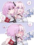  2girls blush choker collar commentary_request dual_persona earrings evernight_(honkai:_star_rail) flower hair_intakes honkai:_star_rail honkai_(series) jewelry klklmomo2245 march_7th_(honkai:_star_rail) march_7th_(preservation)_(honkai:_star_rail) multicolored_eyes multiple_girls pink_hair red_eyes single_bare_shoulder single_earring speech_bubble two-tone_eyes upper_body white_collar yuri 