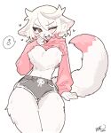  1boy animal_ears animal_hands animal_nose bare_legs blush bow_print breasts cowboy_shot fangs fox_boy fox_ears fox_tail furry furry_male grey_shorts hand_on_own_face hands_up heart hood hoodie large_breasts looking_at_viewer male_focus mars_symbol messy_hair nashinoro_kikuri niisha_(nashinoro_kikuri) off_shoulder open_mouth orange_eyes pink_hoodie pink_tail short_hair shorts simple_background snout solo solo_focus speech_bubble spoken_male_sign standing symbol-shaped_pupils tail thick_thighs thighs transparent_background trap white_fur white_hair wide_hips x-shaped_pupils 