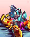 absurd_res autobot blue_eyes blurr_(transformers) blush bodily_fluids cowgirl_position cum cum_on_face cumshot cybertronian duo ejaculation erection female female_penetrated from_front_position genital_fluids genitals hasbro hi_res hotshot_(transformers) humanoid leaking_cum living_machine machine male male/female male/male male_penetrated male_penetrating male_penetrating_female metallic_body not_furry on_bottom on_top penetration robot sex skerzzz takara_tomy tongue tongue_out transformers