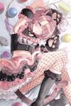 animal_costume animal_ears animal_hands arimura_mao bell cat cat_costume cat_ears cat_paws cat_tail dress embarrassed fishnet_pantyhose fishnets frilled_dress frills gakuen_idolmaster highres idolmaster lying midriff ohana_no_youse_(dog_with_horns) one_eye_closed pantyhose pink_hair short_hair skirt tail 
