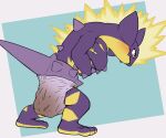 ambiguous_gender amped_toxtricity anthro blush clothed clothing diaper diaper_only digital_media_(artwork) electricity feces generation_8_pokemon happy holding_chest mohawk nintendo pokemon pokemon_(species) pooping purple_body side_view simple_background smile soiled_diaper soiling solo tail topless toxtricity tyggles_(artist) unclean_diaper used_diaper wearing_diaper