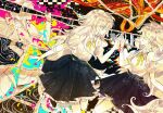  1boy 2girls abstract abstract_background black_skirt bracelet building buttoned_cuffs buttons charlotte_wiltshire checkered_clothes checkered_shirt chengyounger clone closed_eyes collared_shirt covered_eyes flesh frilled_skirt frills hair_ribbon hello_charlotte highres holding_hands jewelry long_hair long_sleeves messy_hair multiple_girls multiple_views neck_ribbon no_mouth paint_splatter pleated_skirt ponytail red_eyes ribbon shirt short_sleeves skirt spiral_background tendril too_many_eyes torn_paper vincent_wordsworth white_eyes white_hair white_ribbon white_shirt yellow_eyes yellow_ribbon 